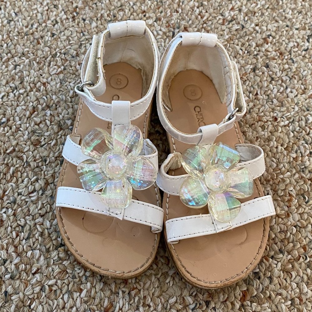 White Patten Leather Flower Sandals Size 8